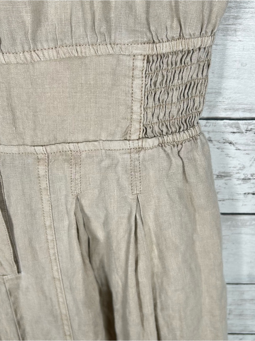 Anthropologie Linen Shirting Barrel Leg Cropped Putty Oatmeal Jumpsuit M - Picture 9 of 12